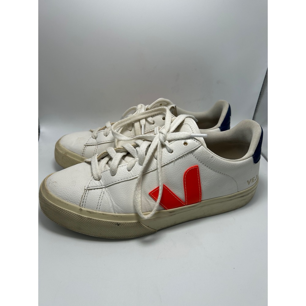 Veja Campo Sneakers Womens 8 White Orange Blue Leather Lace Up Low Top Shoes